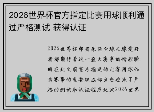 2026世界杯官方指定比赛用球顺利通过严格测试 获得认证