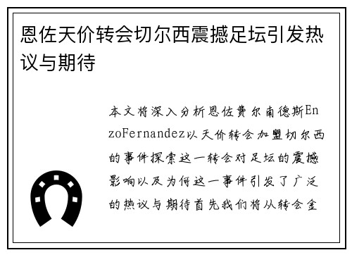 恩佐天价转会切尔西震撼足坛引发热议与期待