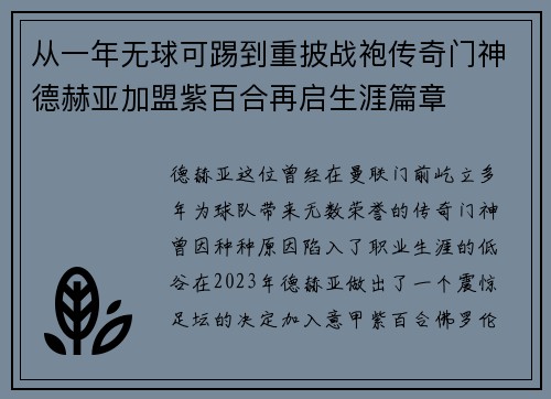 从一年无球可踢到重披战袍传奇门神德赫亚加盟紫百合再启生涯篇章